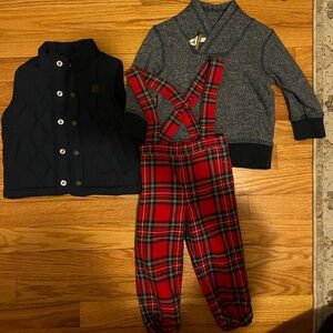 Janie and Jack Red Plaid Overalls with Navy Sweater and Vest 18-24 months
